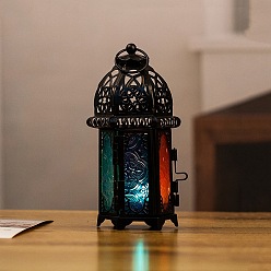 Черный Элементы формы фонаря Рамадана железо со стеклянным подсвечником, металлическая ветровая лампа украшение орнамент, чёрные, 7x6.2x15.8 см