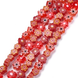 Roja Hilos de perlas de vidrio millefiori artesanal, flor, rojo, 4~7.2x2.6 mm, agujero: 1 mm, sobre 60~69 unidades / cadena, 16 pulgada (40 cm)