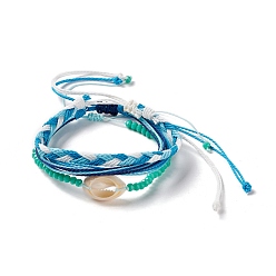 Blue 3Pcs 3 Style Natural Shell & Glass Braided Bead Bracelets Set, Adjustable Bracelets for Women, Blue, Inner Diameter: 2~4 inch(5.1~10.1cm), 1Pc/style