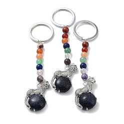 Blue Goldstone Synthetic Blue Goldstone & Brass Cheetah Keychain, with 7 Chakra Gemstone Bead and Iron Rings, Lead Free & Cadmium Free, 10.3cm