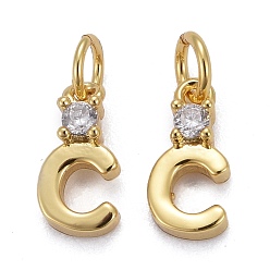 Letter C Brass Micro Pave Clear Cubic Zirconia Pendants, with Jump Rings, Real 18K Gold Plated, Long-Lasting Plated, Letter, Letter.C, 9.5x4.5x2mm