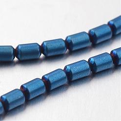 Blue Plated Electroplate Non-magnetic Synthetic Hematite Bead Strands, Frosted, Column, Blue Plated, 4x2mm, Hole: 1mm, about 112pcs/strand, 15.7 inch