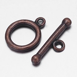 Red Copper Brushed Brass Ring Toggle Clasps, Nickel Free, Red Copper, Ring: 15x11x2mm, Bar: 6x19x3mm, Hole: 1mm