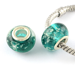 Teal Glow In The Dark Handmade Luminous Style Lampwork Large Hole European Beads, with Silver Color Plated Brass Cores, Rondelle, Teal, 14x9~10mm, Hole: 5mm