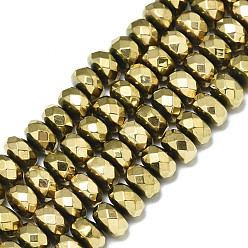 Настоящее золото 18K Гальванизировать немагнитных синтетический гематит бисер пряди, рондель, граненые, реальный 18 k позолоченный, 6x4 мм, отверстие : 1.2 мм, около 100~101 шт / нитка, 15.75 дюйм (40 см)