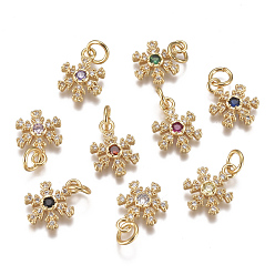 Mixed Color Christmas Brass Micro Pave Cubic Zirconia Charms, with Jump Ring, Long-Lasting Plated, Real 18K Gold Plated, Snowflake, Mixed Color, 13x9x3mm, Hole: 3mm