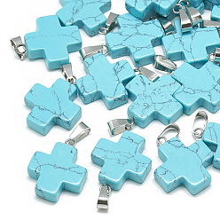 Synthetic Turquoise Dyed Synthetic Turquoise Pendants, with Stainless Steel Snap On Bails, Cross, 24~25x20~21x5~6mm, Hole: 6x4mm