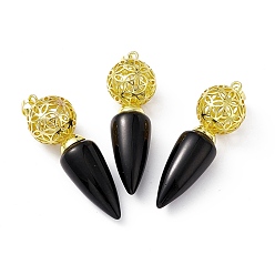 Obsidian Natural Obsidian Big Pendants, Cone Charms with Rack Plating Brass Hollow Ball, Golden, Cadmium Free & Lead Free, 57~58x17.5~18mm, Hole: 8x5mm