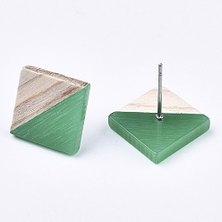 Verdemar Medio Aretes de resina opaca y madera, con 304 perno de acero inoxidable, rombo, verde mar medio, 17x18 mm, pin: 0.7 mm