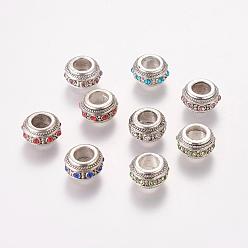 Mixed Color Vintage Alloy Rhinestone European Beads, Large Hole Rondelle Beads, Antique Silver, Mixed Color, 12x7mm, Hole: 6mm