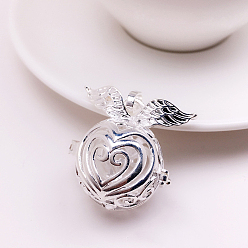 Silver Brass Bead Cage Pendants, Hollow Heart Charms with Wing, for Chime Ball Pendant Necklaces Making, Silver, 18mm