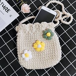 White DIY Flower Pattern Handbag Knitting Beginner Kits, including Polyester Chunky Yarn, Fiberfill, Crochet Needle, Instruction, White, 170x150mm