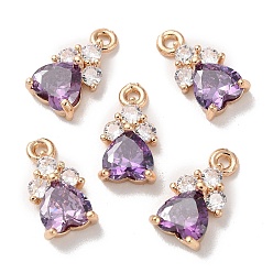 Amethyst K9 Glass Charms, with Light Gold Tone Brass Findings and Rhinestone, Heart Charms, Amethyst, 13x7x4mm, Hole: 1.2mm
