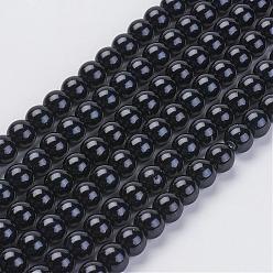 Negro Hebras de perlas de vidrio teñidas ecológicas, Grado A, rondo, cordón de algodón rosca, negro, 5 mm, agujero: 1.2~1.5 mm, sobre 80 unidades / cadena, 15.7 pulgada