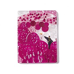Pink Embossed Printed Acrylic Pendants, Rectangle Charms with Scenery Pattern, Pink, 41.5x31x2.7mm, Hole: 1.6mm