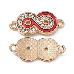 Red Alloy Crystal Rhinestone Connector Charms, Enamel Style, Infinity Links, Light Gold, Red, 11x24x2.5mm, Hole: 1.6mm