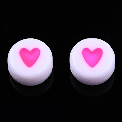 Hot Pink Opaque Acrylic Beads, with Enamel, Flat Round with Heart, Hot Pink, 7x3.5mm, Hole: 1.2mm, about 3600~3700pcs/500g