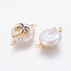 Bleu Foncé Connecteurs de liens de perles naturelles, avec accessoires zircon cubique micro pave en laiton, pépites de cocotier, or, bleu foncé, 21~27x13~16x6~8mm, Trou: 1.6mm