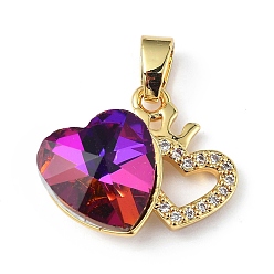 Deep Pink Real 18K Gold Plated Rack Plating Brass Micro Pave Clear Cubic Zirconia Pendants, with Glass, Long-Lasting Plated, Cadmium Free & Lead Free, Heart Charm, Deep Pink, 16x19.5x8mm, Hole: 5x3.2mm