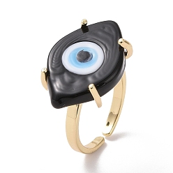 Black Lampwork Oval with Evil Eye Open Cuff Ring, Real 18K Gold Plated Brass Lucky Jewelry for Women, Lead Free & Cadmium Free, Black, US Size 6 1/4(16.7mm)
