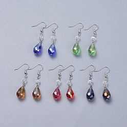 Couleur Mélangete Verre electroplate Dangle Boucles d'oreilles, avec crochets d'oreilles en laiton, couleur mixte, 47~50mm, pin: 0.6 mm