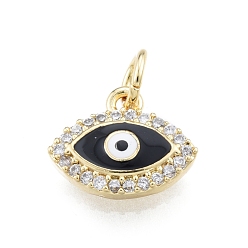 Black Brass Micro Pave Clear Cubic Zirconia Charms, with Enamel and Jump Rings, Golden, Evil Eye, Black, 10x12x2.5mm, Hole: 3mm