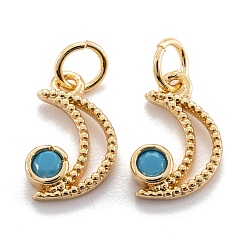 Deep Sky Blue Real 18K Gold Plated Brass Micro Pave Cubic Zirconia Charms, with Jump Ring, Long-Lasting Plated, Moon, Deep Sky Blue, 12x7.5x2.5mm, Jump Ring: 5x0.7mm, 3.6mm inner diameter