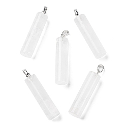 Cristal de Quartz Pendeloques de cristal de quartz naturel, pendentifs en cristal de roche, Charmes de colonne avec fermoirs à pression en laiton plaqué platine, 40.8~42x10~10.5mm, Trou: 7.2x4.2mm