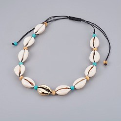 Gold Adjustable Cowrie Shell and Synthetic Turquoise Beaded Necklaces, with Electroplated Sea Shell Beads and Wood Beads, Nylon Cord, Gold, 13~25.2 inch(33~64cm)