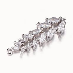 Platinum Brass Links, Clear, with Cubic Zirconia, Leaf, Platinum, 33.5x11x4mm, Hole: 1mm