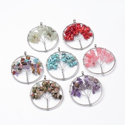 Mixed Stone Natural & Synthetic Mixed Stone Pendants, with Iron Findings, Tree of Life, Platinum, 57~58x50~51x7~9mm, Hole: 5.5mm