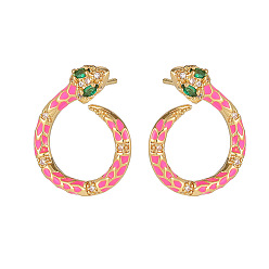 Deep Pink Cubic Zirconia Snake Stud Earrings with Enamel, Golden Plated Brass Jewelry for Women, Deep Pink, 20.5x17mm