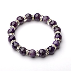 Amethyst Gemstone Stretch Bracelets, with Silver Color Plated Brass Middle East Rhinestone Beads, Amethyst, 54mm