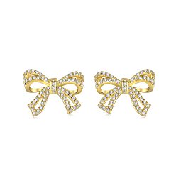 Real 18K Gold Plated 925 Sterling Silver Micro Pave Cubic Zirconia Bowknot Stud Earrings for Woman, Real 18K Gold Plated, 10.5x13.5mm