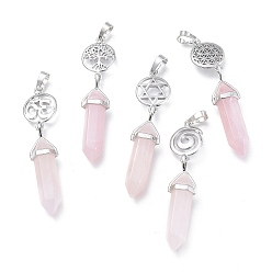 Rose Quartz Natural Rose Quartz Pointed Big Pendants, Double Terminated Pointed, with Platinum Plated Brass Findings, Faceted, Bullet, 59~67x14~15mm, Hole: 7x5mm, Gemstone: 41~44x8mm