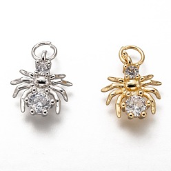 Mixed Color Brass Micro Pave Clear Cubic Zirconia Charms, Long-Lasting Plated, with Jump Ring, Spider, Mixed Color, 13x12x4mm, Jump Ring: 5x1mm, 3mm Inner Diameter