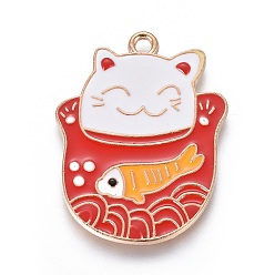 Coloré Pendentifs chaton porte-bonheur en alliage émail, Maneki neko / chat faisant signe avec forme de poisson, or et de lumière, rouge, 32.5x25x2mm, Trou: 2mm