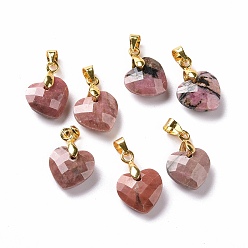 Rhodonite Natural Rhodonite Pendants, with Golden Tone Brass Clasp, Faceted Heart Charms, 11x12x5mm, Hole: 4.5x3.5mm