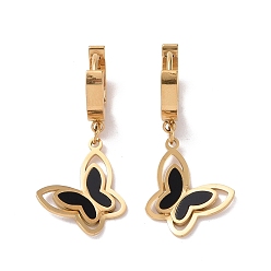 Golden Black Resin Butterfly Dangle Hoop Earrings, Ion Plating(IP) 304 Stainless Steel Jewelry for Women, Golden, 32mm, Pin: 1mm