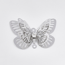 Platinum Brass Links connectors, with Crystal Rhinestone, Butterfly, Platinum, 30x45x11mm, Hole: 1.8mm