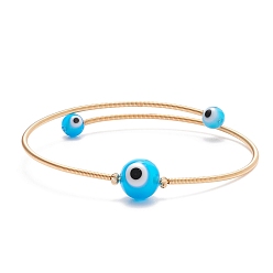 Deep Sky Blue Lampwork Round with Evil Eye Beaded Cuff Bangle, Gold Plated Copper Torque Bangle for Women, Deep Sky Blue, Inner Diameter: 2-1/4 inch(5.6cm)