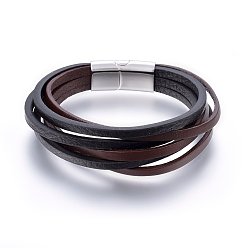 Stainless Steel Color Leather Cord Multi-strand Bracelets, with 304 Stainless Steel Magnetic Clasps, Rectangle, Stainless Steel Color, 8-5/8 inch(22cm), 4~24x3mm