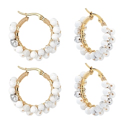 Howlite Unicraftale 304 Stainless Steel Hoop Earrings, Beaded Hoop Earrings, with Natural Howlite Beads, Ring, 32~33x31.5~33x7.5~8mm, Pin: 0.7x1mm, 2pairs/box