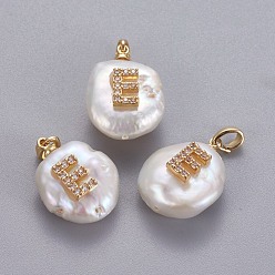 Letter E Natural Cultured Freshwater Pearl Pendants, with Brass Micro Pave Cubic Zirconia Findings, Nuggets with Letter, Long-Lasting Plated, Golden, Clear, Letter.E, 17~27x12~16x6~12mm, Hole: 4x2.5mm