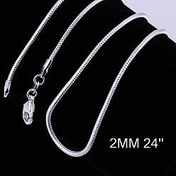 Серебро Латунные круглые ожерелья в виде змей, с карабин-лобстерами , для поделок ювелирных изделий, серебряный цвет гальваническим, 24 дюйм, 2 мм