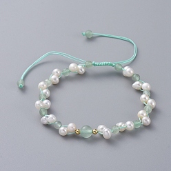 Green Aventurine Braided Beads Bracelets, with Natural Cultured Freshwater Pearl Beads, Natural Green Aventurine, Brass Beads and Nylon Thread, 2 inch~3-3/8 inch(5.2~8.7cm)