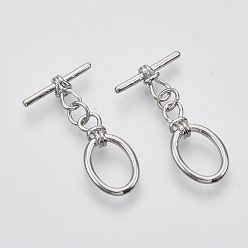 Platinum Brass Toggle Clasps, with Jump Rings, Nickel Free, Oval, Platinum, Oval: 19.5x10.5x3.5mm, Hole: 2.5mm, Bar: 20.5x8.5mm, Hole: 2.5mm, Jump Ring: 5x0.8mm.