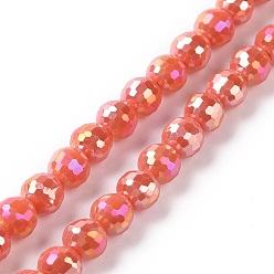 Tomato Electroplate Opaque Solid Color Glass Beads Strands, AB Color Plated, Faceted, Round, Tomato, 5.5~6mm, Hole: 1.2~1.5mm, about 95pcs/strand, 21.26''(54cm)