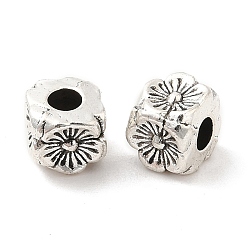 Antique Silver Tibetan Style Alloy Beads, Cadmium Free & Lead Free, Cube with Flower Pattern, Antique Silver, 4x4x4mm, Hole: 1.8mm, about 3703pcs/1000g
