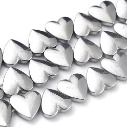 Platinum Plated Non-magnetic Synthetic Hematite Beads Strands, Galvanic Plating(Color Retention for 1 Year), Heart, Platinum Plated, 10x10x3mm, Hole: 1mm, about 46pcs/strand, 16.14 inch(41cm)